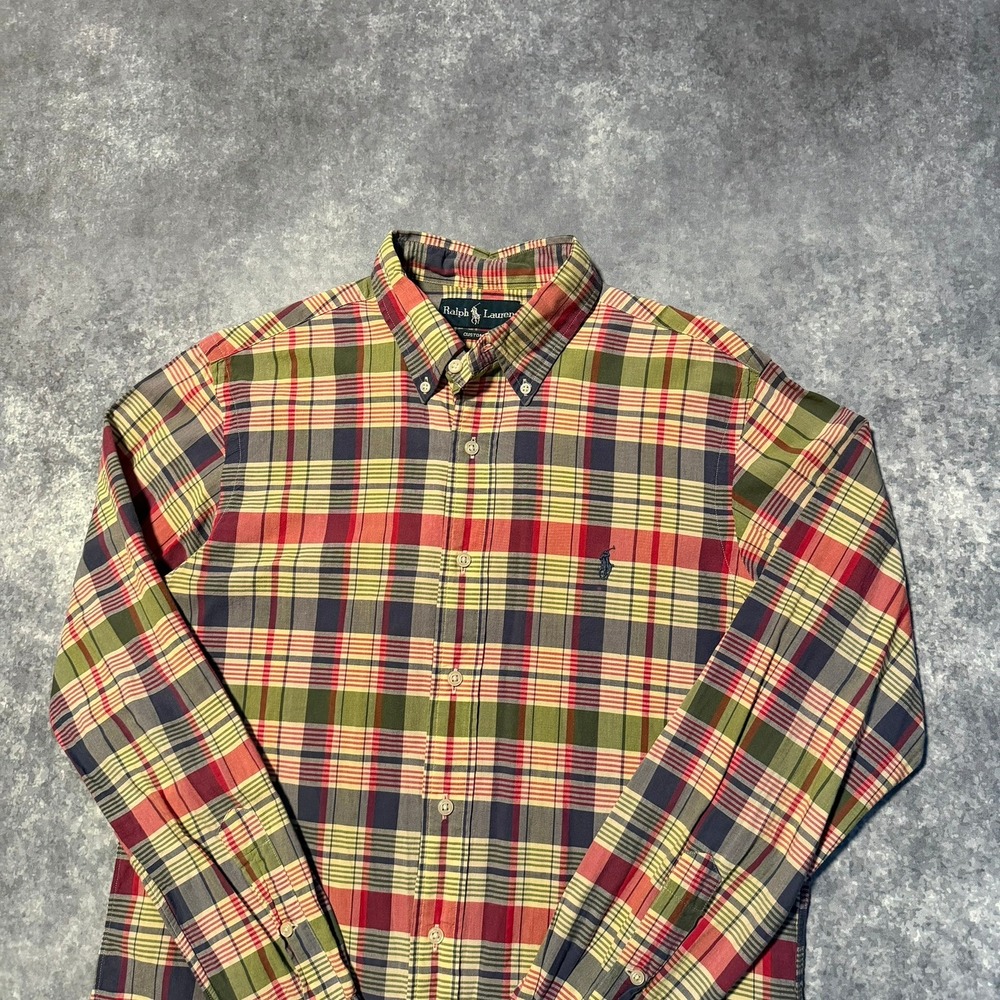 VTG Ralph Lauren Men Medium Custom Fit Plaid Button Down Shirt Multicolor Cotton